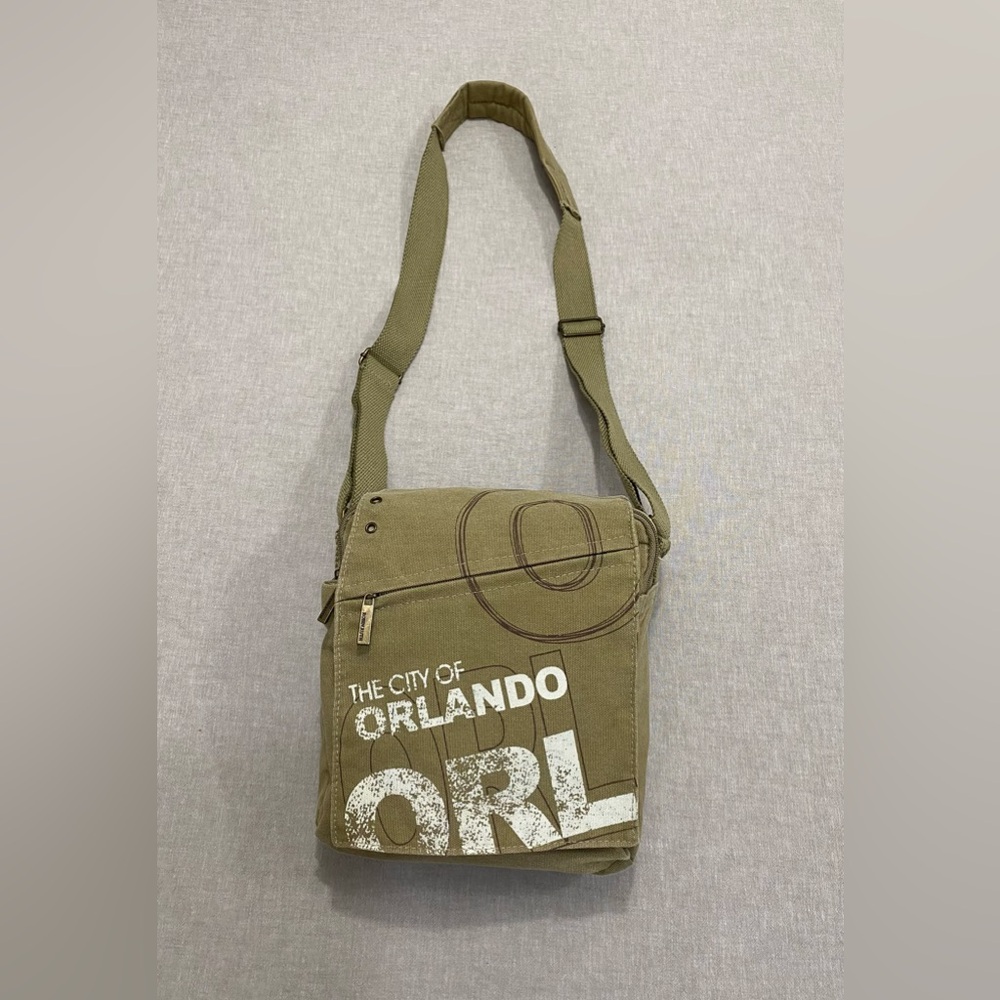 Robin Ruth City Of Orlando Distressed Canvas Flap Over Olive Green Crossbody Bag